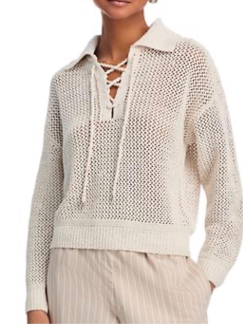 Joie Women's XS Ivory Sparkly Lace-Up V-Neck Pullover Sweater